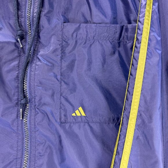 Adidas XL Blue Hooded Windbreaker Jacket Lime Green Stripes Vented Pockets Logo - Picture 15 of 15